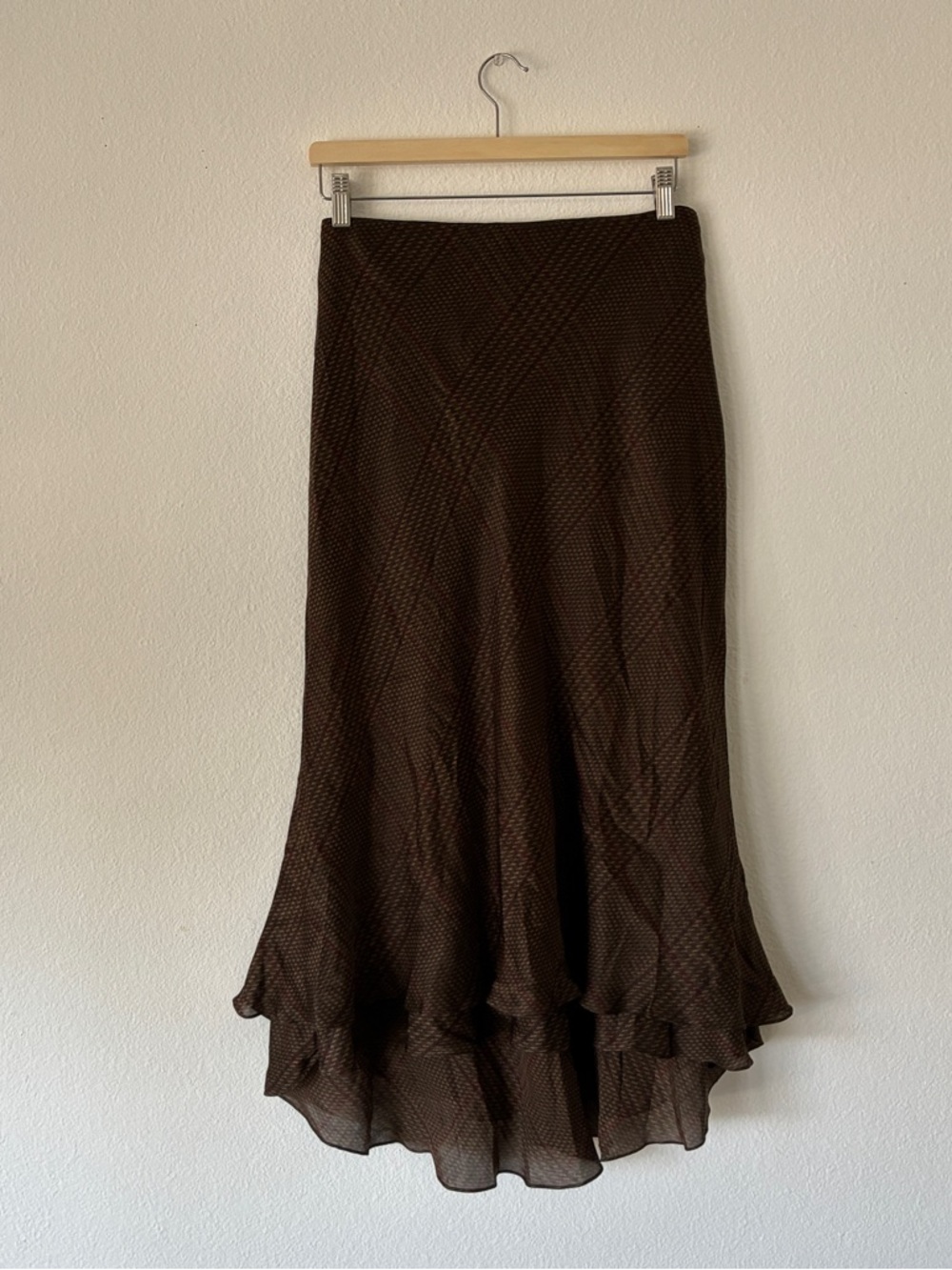 Lauren Ralph Lauren Brown Plaid silk Midi Skirt with Ruffle Hem